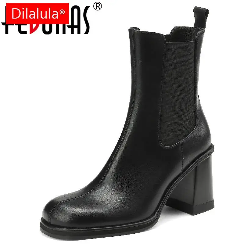 

Dilalula Women Genuine Leather Ankle Boots Office Ladies Casual Outdoor Genuine Leather Thick Heels Shoes Woman Autumn Winter