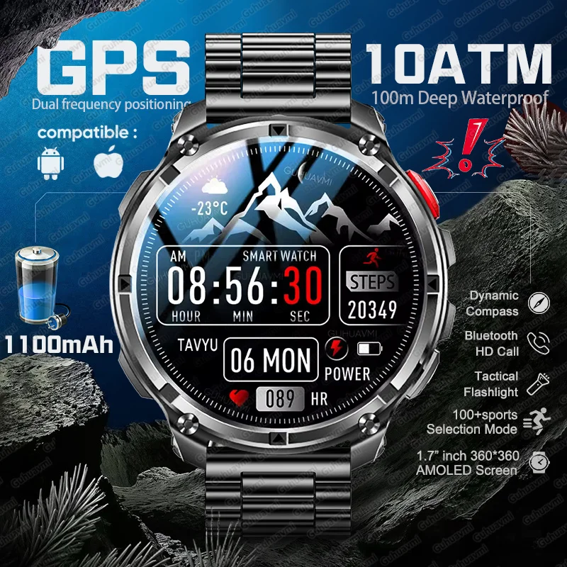 2026년 신형 GPS 군용 아웃도어 1100mAh 배터리 스마트 워치 스포츠 남성..