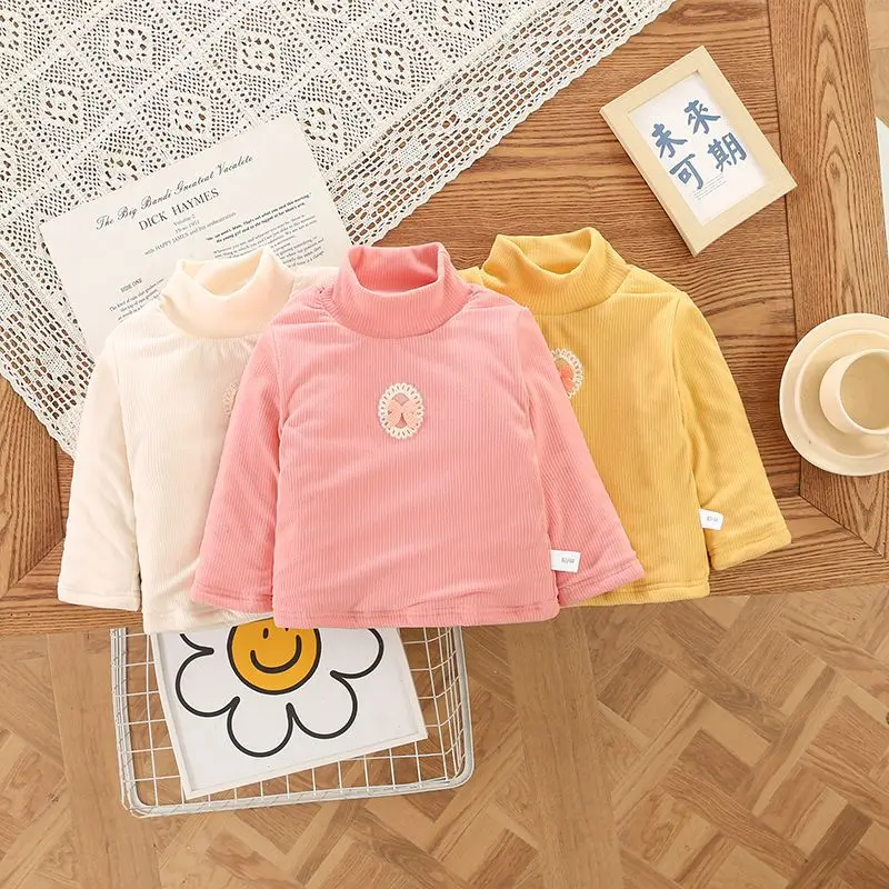 아동용 하프 하이 칼라 보터밍 셔츠, 따뜻한 베이스 상의, 여아 클립 코튼 블라우스, 1-5 Y, 2024 겨울 신상