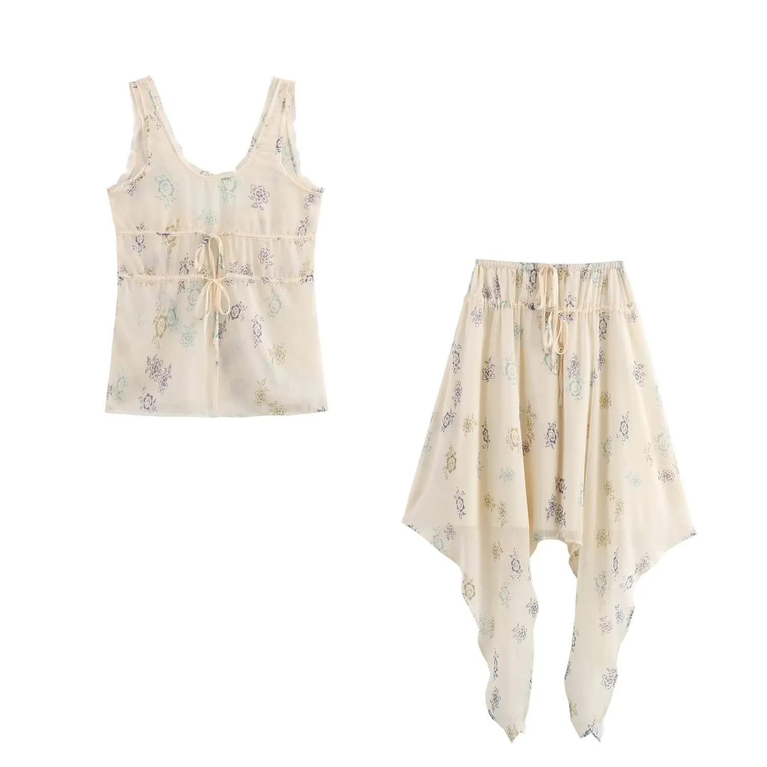 thumbnail image 1 of HH TRAF Verano Mujer Nuevo Traje de Falda Escote en V Lazo Estampado Decorativo Espalda descubierta Top Corto + Falda Asimétrica Plisada de Cintura Media Mujer, 1 of 5
