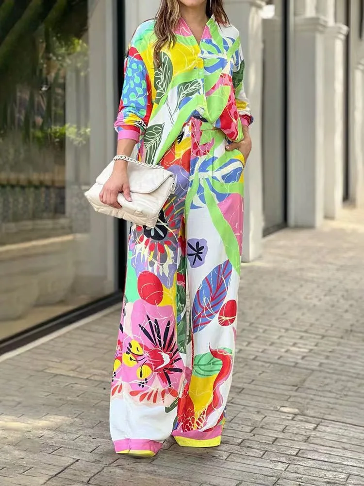 

Womens Loungewear Set 2 Pieces Graffiti Floral Printed Outfits Sweatsuits Casual Long Sleeve Button Down Shirt and Palazzo Pants