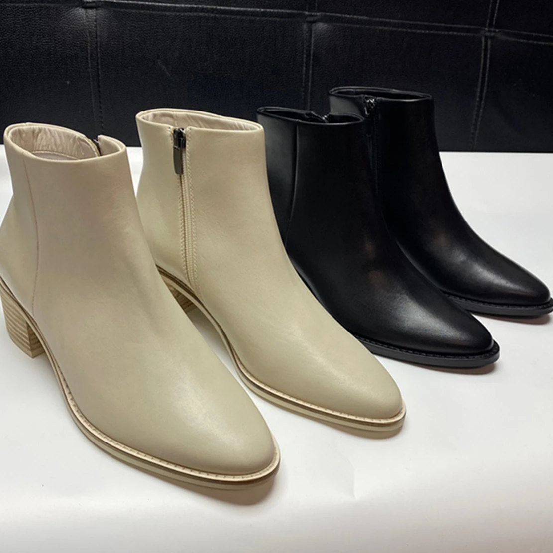 

Elmsk French Office Ladies Genuine Leather High-Heeled Chelsea Boots Retro Pointed Toe Fashion Elegant Cowhide Ankle Boots Women
