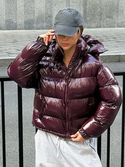 Casual Puffy Hooded Cotton Coats For Women Stand Collar Zipper Long Sleeve Warm Coat 2025 Autumn Lady Street Chic Down Jacket 1