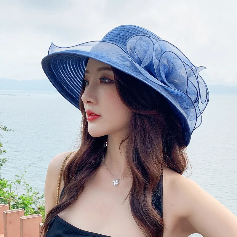 Trendy Organza Sunhats Flower Mesh Wide Brim Wedding Hat Ruffles Sunscreen French Outdoor Vintage Hat Wide Sides Sun Visor