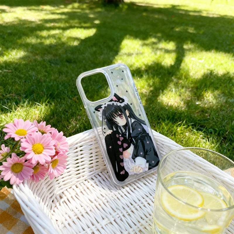 Japanese Black Cat Ear Girl Anime Transparent Phone Case - Y2K Style
