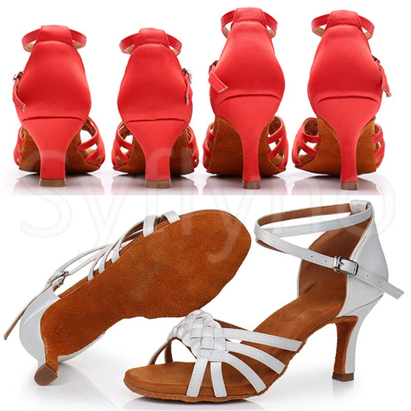 Syflyno Women's Adult New Indoor Middle Heel Performance Dance Shoes Latin Dance Shoes Chacha Satin Sandals