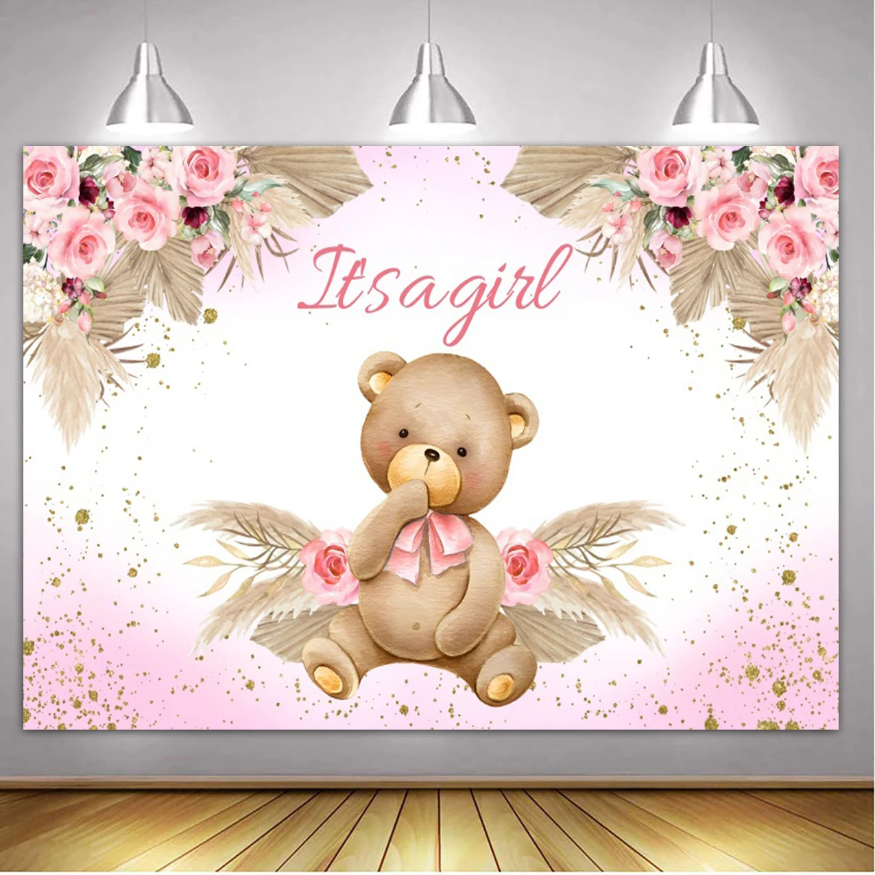Teddy Bear Baby Shower Backdrop with Floral and Balloon Decor for Photography and Kid's Birthday Parties