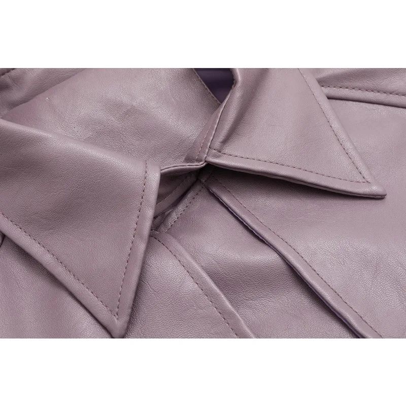 PU Leather Mid-Length Lace-up Trench Coat for Women, Motorcycle Clothing, Korean Style, Tight Waist, Casual Outwear, Autumn, New