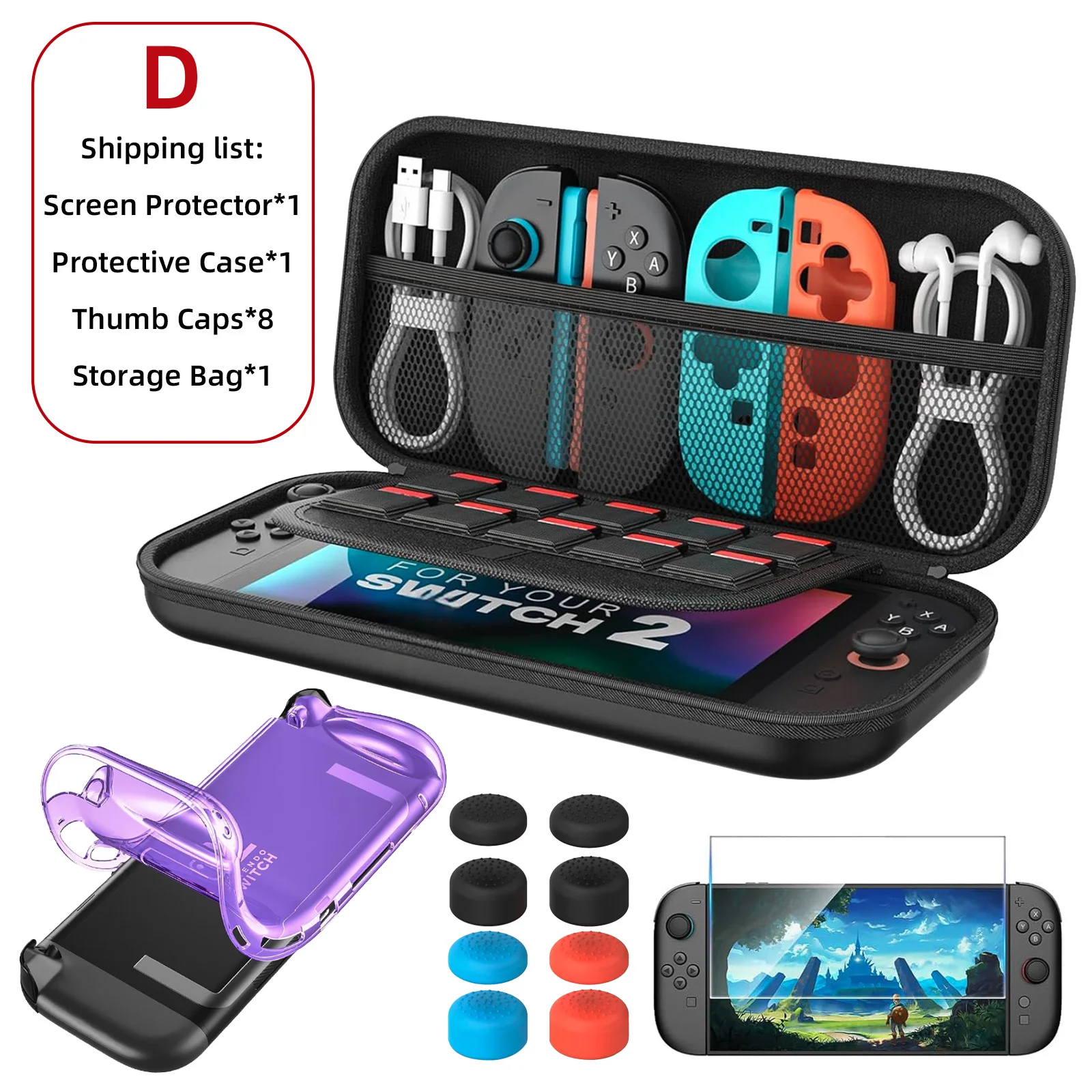 Accessories Kit for Nintendo Switch 2 (2025) Carrying Case Bag,Screen Protector,Thumb Grips,Protective Cover for Switch2 Bundle