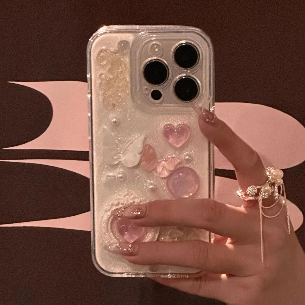 Charming 3D Butterfly Heart Epoxy Phone Case with Luxurious Lens Protection