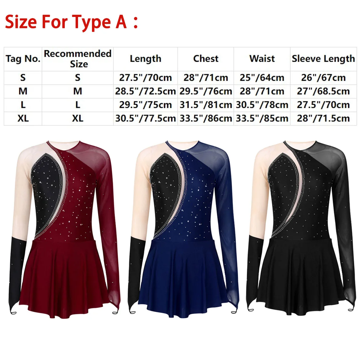 Women Figure Skating Dress Mock Neck Rhinestone Leotard Gymnastics Tulle Dress Ballet Dance Bodysuit Show Costume