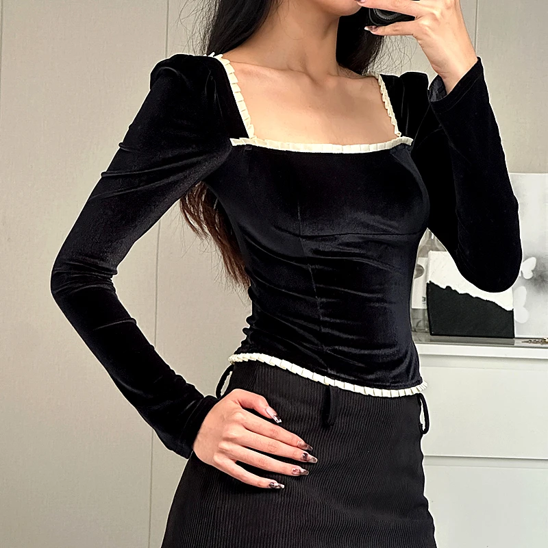 Xeemilo 우아한 스퀘어넥 패치워크 티셔츠, 섹시한 백 크로스 붕대 슬림 크롭탑, 미적 이브닝 파티 기본 티셔츠