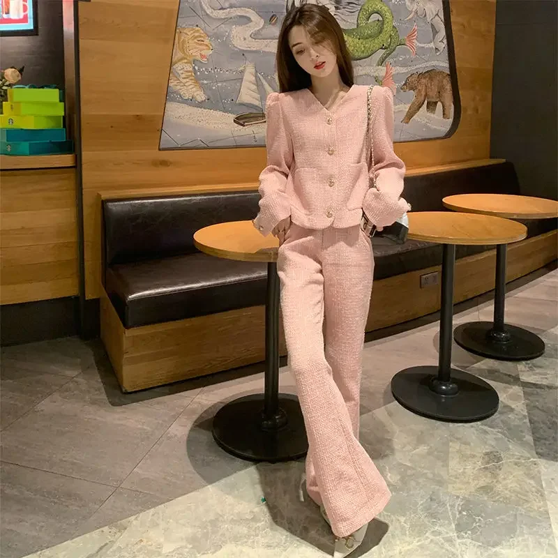 

Lnsozkdg Small Fragrant Style Coarse Woven Short Blazer Wide Pants 2-piece Set Vintage V-neck Loose Tweed Jacket Long Pants Sets