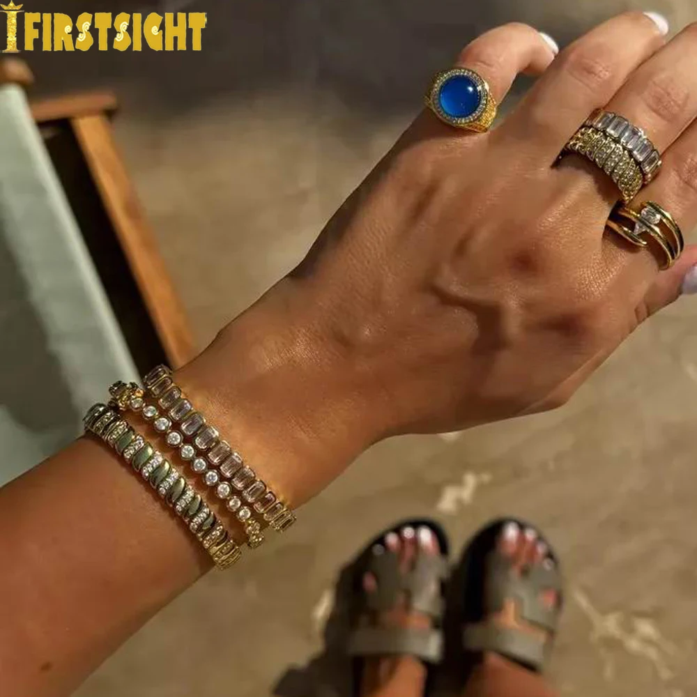 2025 New Gold Color Herringbone Snake Chain Bracelet Necklace 10mm CZ Stones Choker Hop Hip Rapper Fashion Women Jewelry Set 6