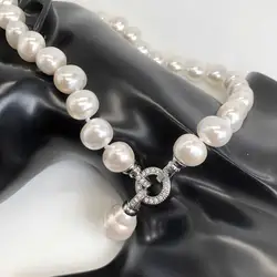 Luxury style Cultured 12-15m White Potato Freshwater Pearl Necklace Cz Pave Shell Pearl Pendant Weddding