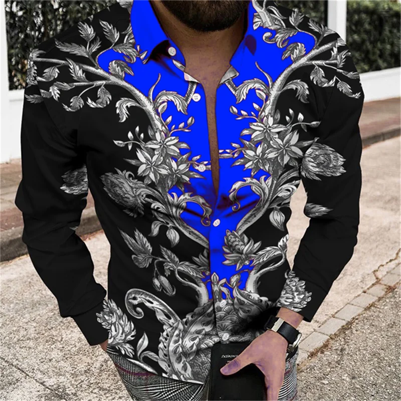 thumbnail image 1 of Camisa para hombre 2024 con estampado floral en 3D, camisa con solapa y manga larga, vestido de fiesta de graduación, 11 colores, informal, tallas S a 5XL, 1 of 4