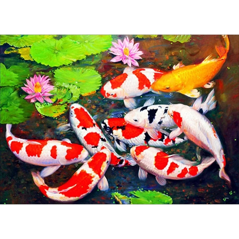 DIY Diamond Painting By Number Kits, Painting Koi Fish Pond Lotus Paint With Diamonds Arts Full Drill Canvas Pictures