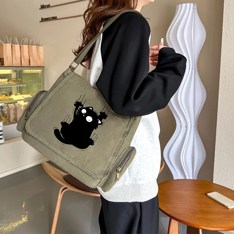 Funny Cat Print Women's Shoulder Bag Canvas Large Crossbody Bag For Women Multiple Pockets Retro Messenger Bag Commuting