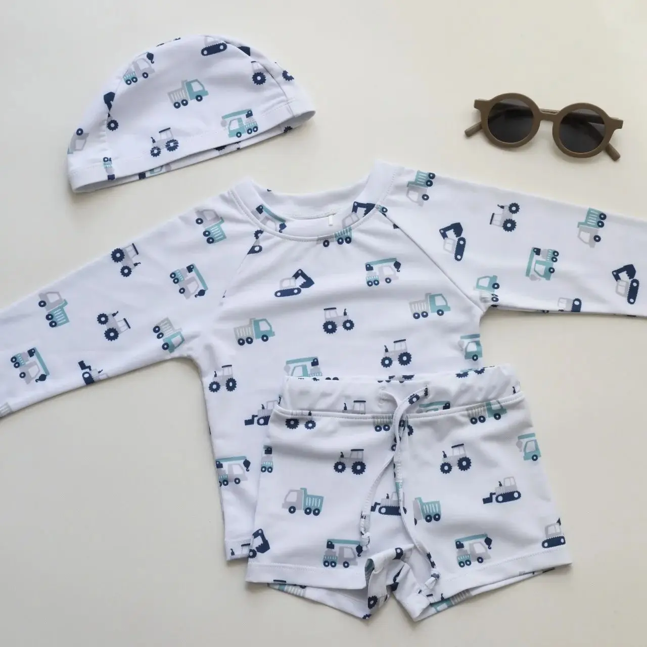 Summer Boys Cartoon Car Print Sunscreen Long Sleeve Beach Swimsuit Set Quick-Drying Swimsuit For Kids