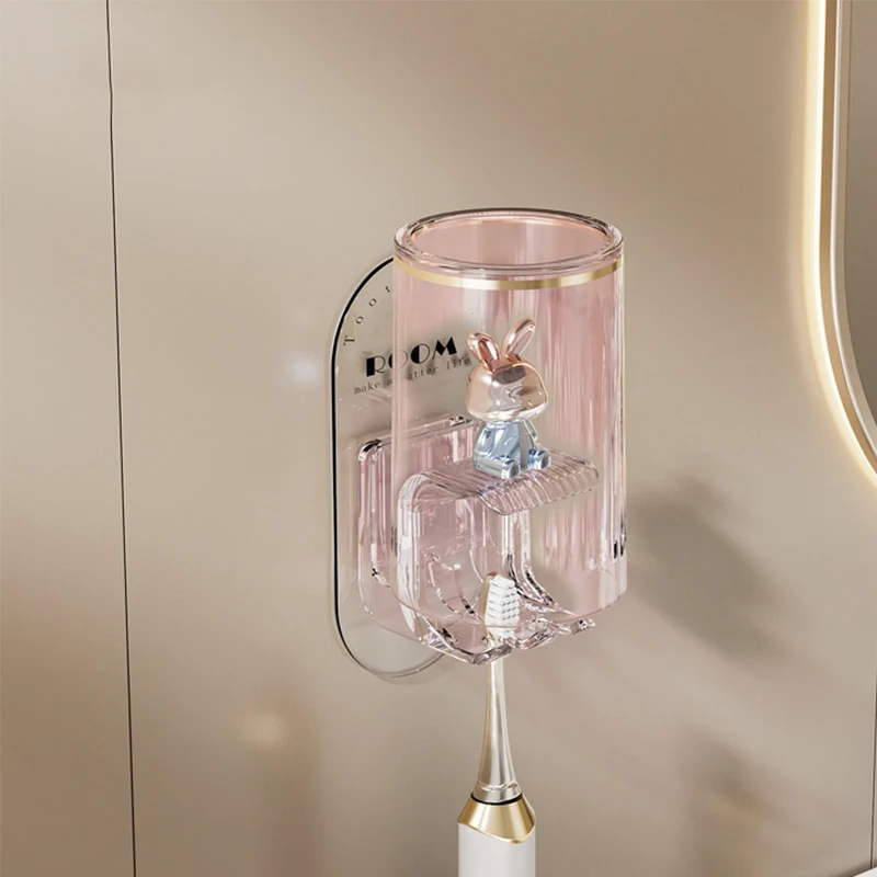 Cute Rabbit Rack Bathroom Wall-Mounted Electric Toothbrush Punch-Free Mouthwash Cup Hanger_voghion.com