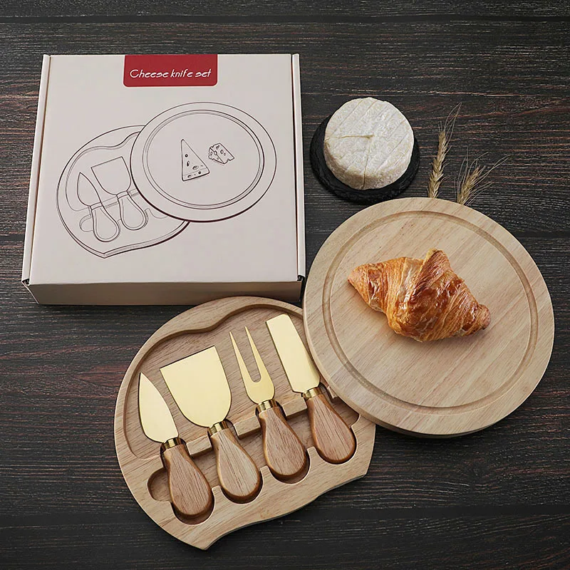 Round rubber box 4-piece cheese knife spatula Stainless steel cheese tools tableware knife set gift box