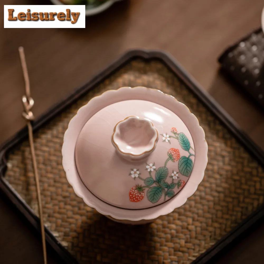 100ml Boutique Pink Ru Kiln Gaiwan Luxury Strawberry Rabbit Tea Tureen Household Tea Maker Cover Bowl for Accessories Gift