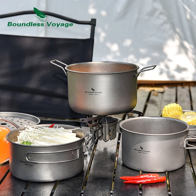 Versatile and durable outdoor cooking set made of high-quality titanium, perfect for camping, hiking, and other outdoor activities.