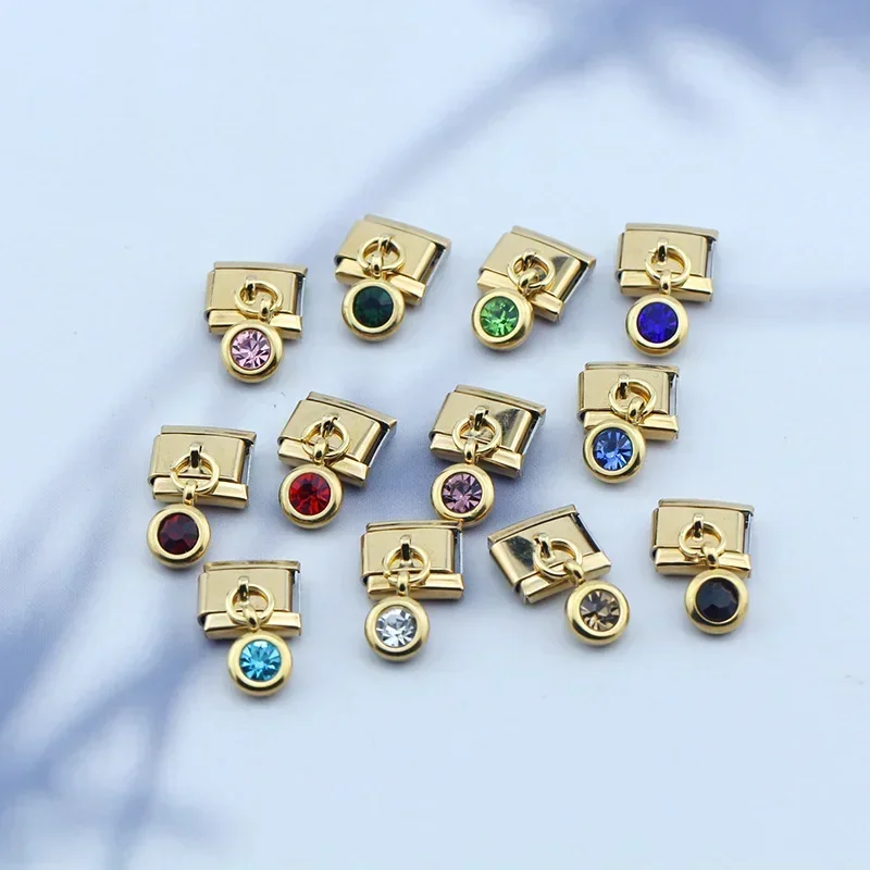 Hapiship Gold 12 Month Birthday Colour Dazzling CZ Links Charm Fit 9mm Bracelet Stainless Steel Jewelry Making DJ475 charm bracelet