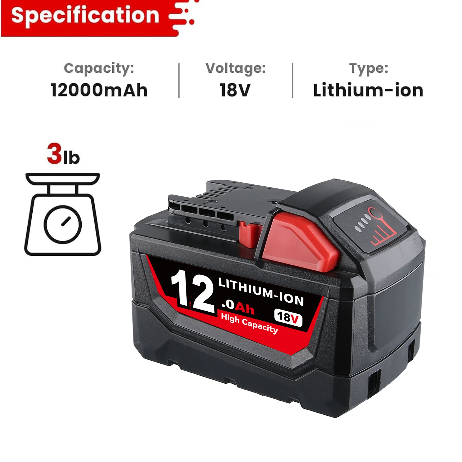 1/2/4P M18 12.0Ah 18V MAX Lithium-ion Battery Replace for Milwaukee 48-11-1810 48-11-1820 48-1100 Cordless Tools Battery pin - 5
