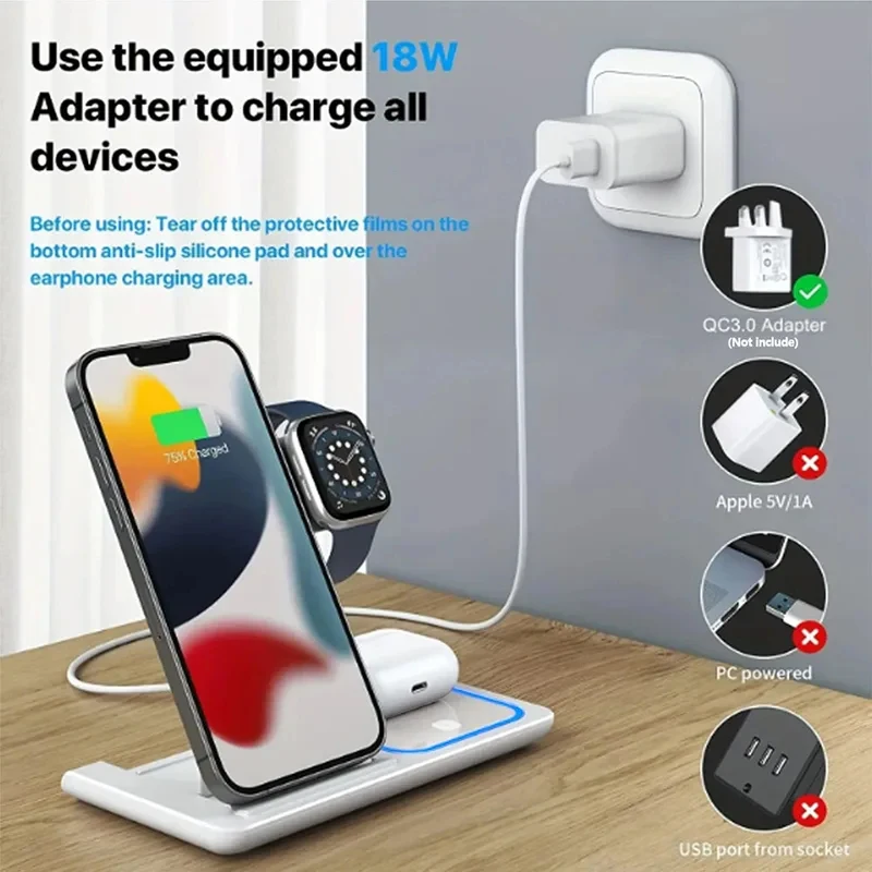 LED 고속 무선 충전 스탠드, 접이식 3 in 1 충전 스테이션 (아이폰17-11, 애플워치 9 8 7 6, 에어팟 프로 호환)