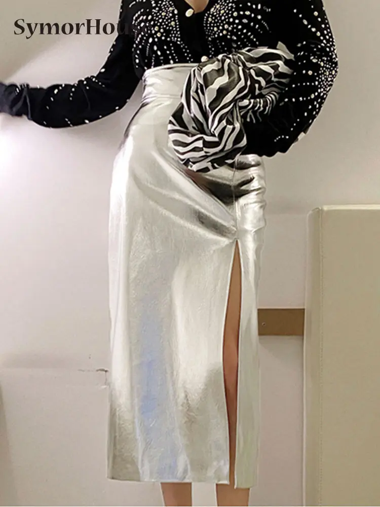 

Spring Autumn Winter Black Silver Brightly PU Leather Skirt Women High Waist Fashion Simple Sexy Split Wrap -Hips Midi Skirts