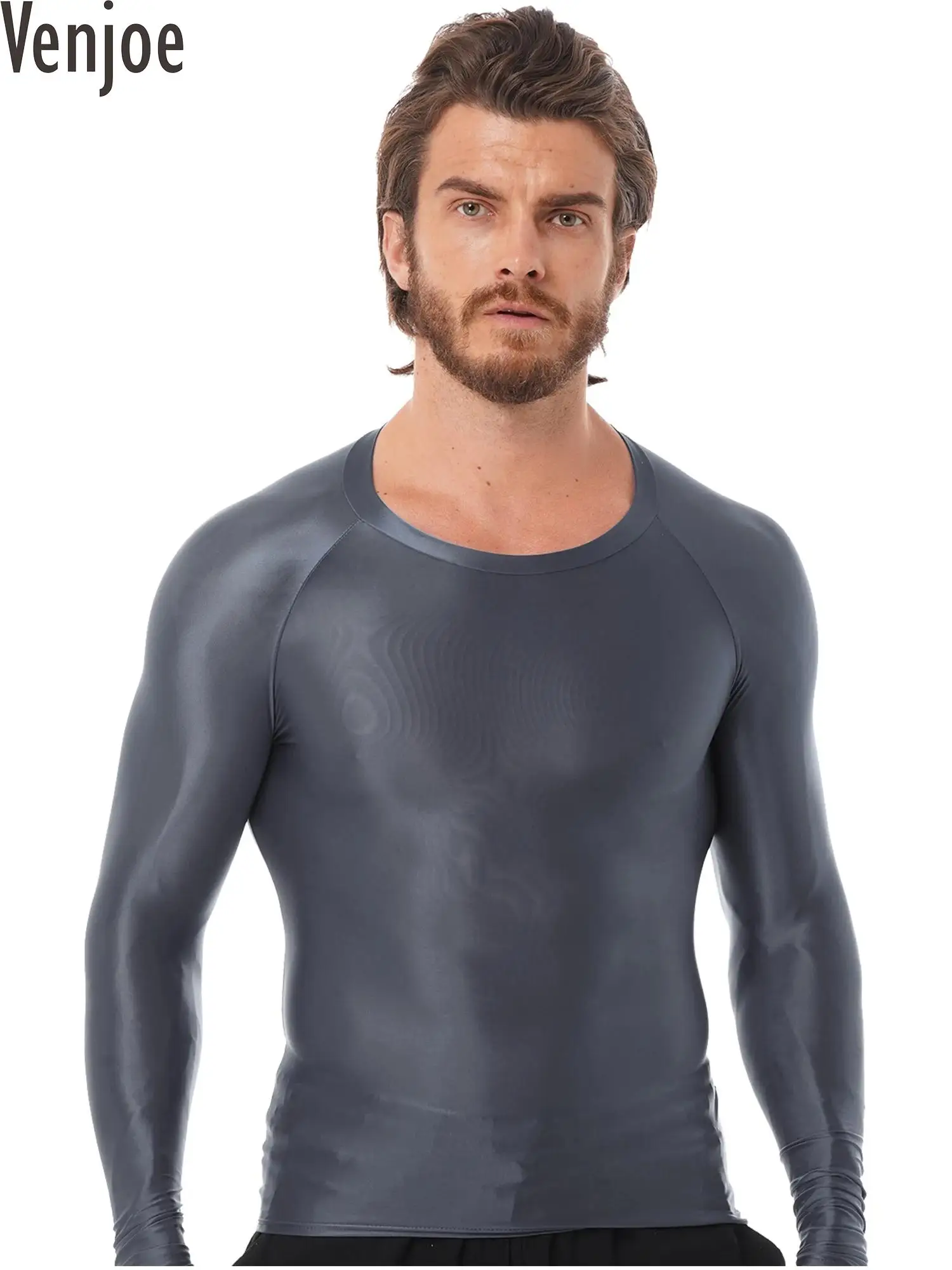

Mens Oil Glossy Round Neck Long Sleeve T-shirt Solid Color Slim Fit Breathable Tank Tops Stretchy Yoga Sportwear Top Swimwear