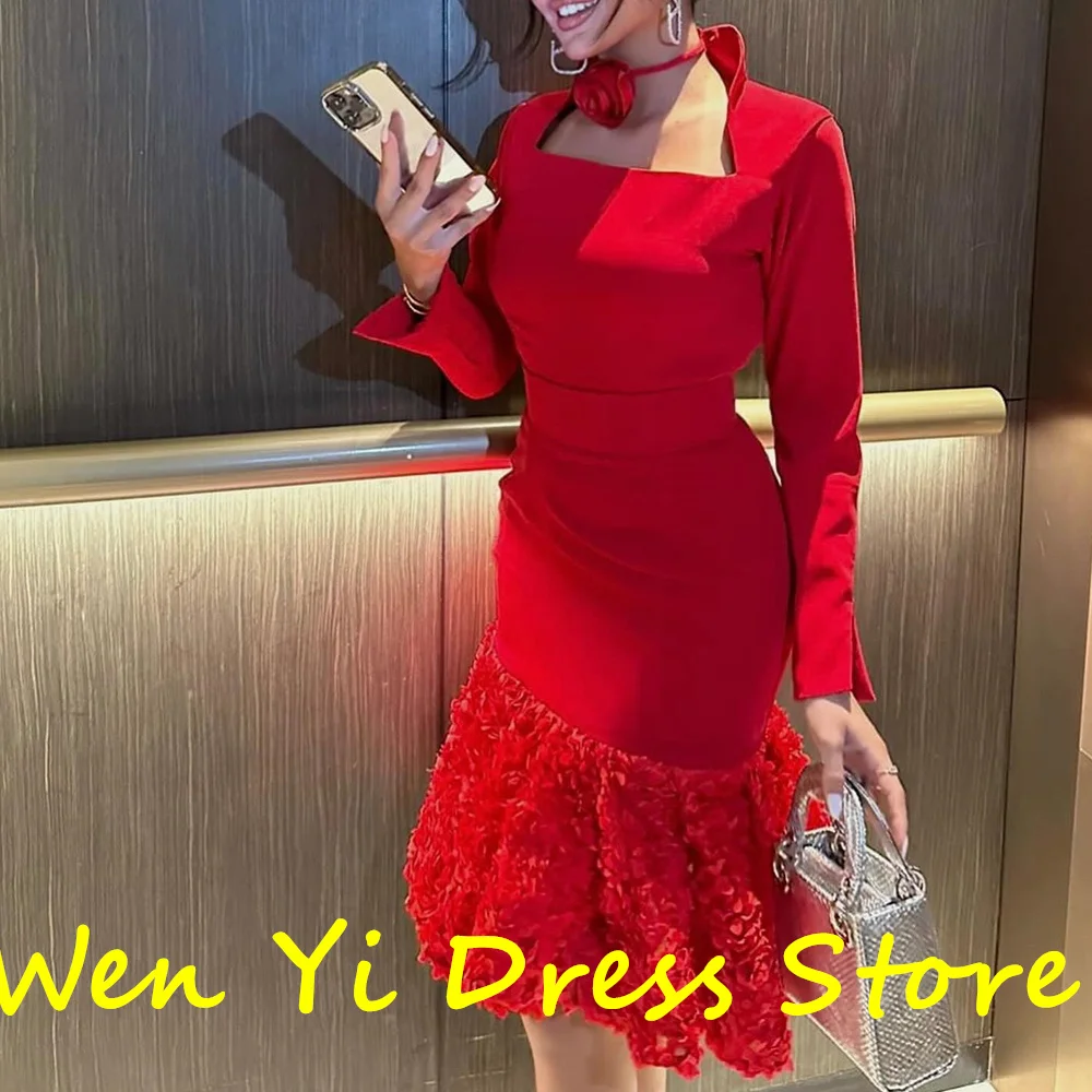 Customized Square Neck Jersey Straight Long Sleeves Short Elegant Party Gowns Pleats Solid Color Flowers Bespoke Occasion Gown