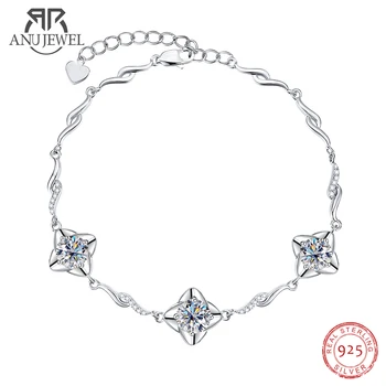 AnuJewel 3ct D Color Moissanite Four Leaf Clover Silver Bracelet 18K White Gold Plated  Adjustable Bracelets For Woman Gifts