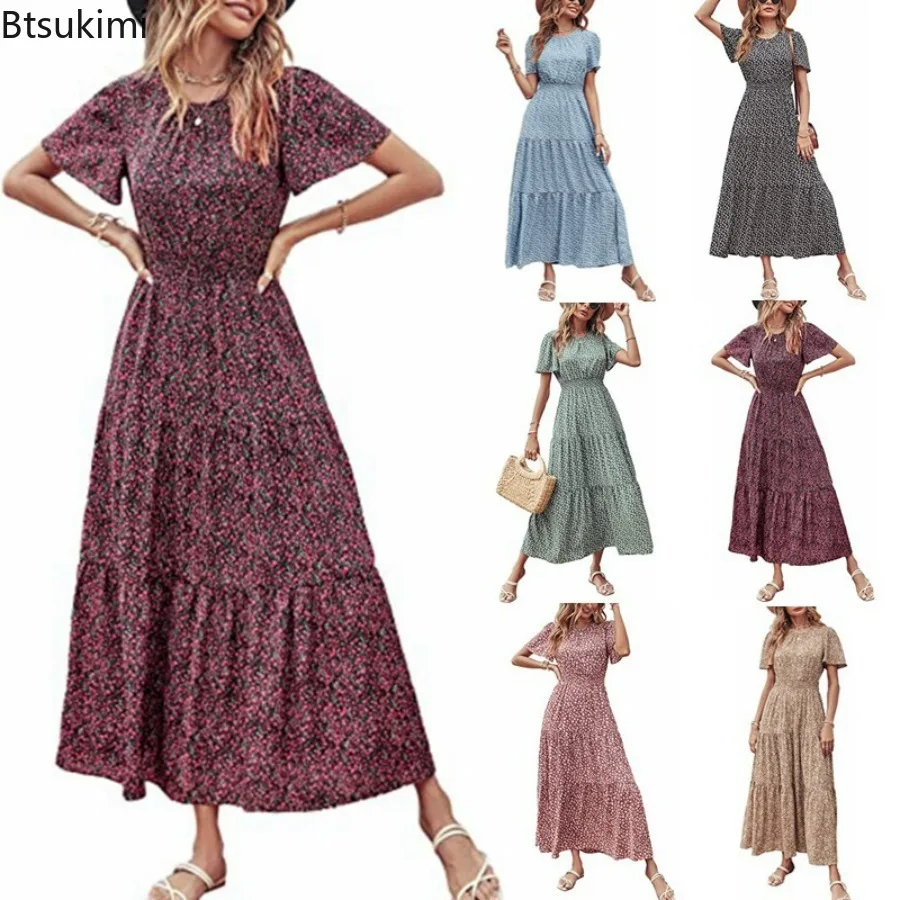 

2024 Women's Summer Casual Dress Floral Print Elegant Short Sleeve Sundress Boho Beach Holiday Leisure Long Dress Female Robe