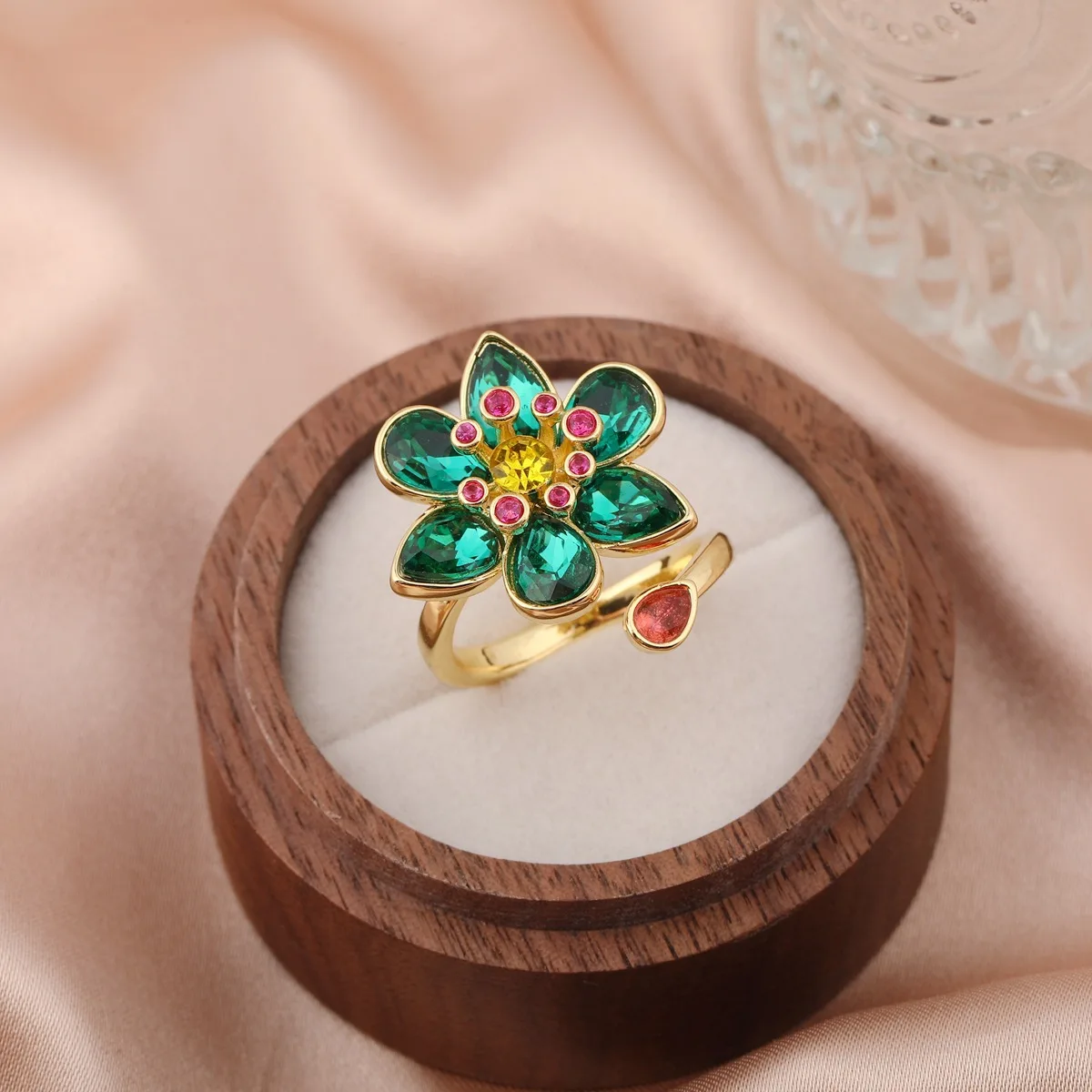Luxe Shimmer Green & Pink Zircon Flower Women's Adjustable Open Ring