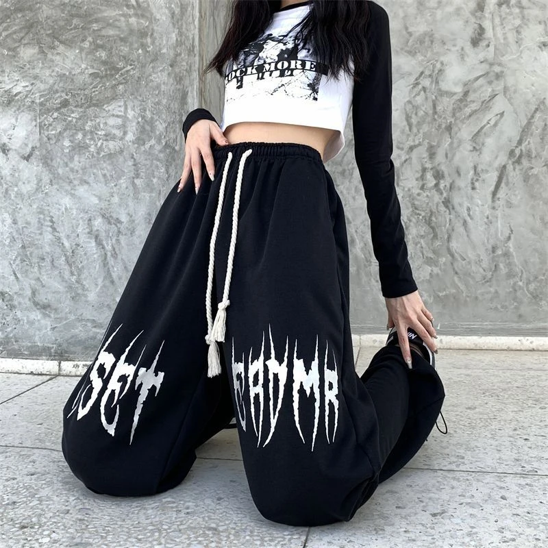 

Winter Casual Baggy Wide Leg Sweatpants Black Loose Drawstring High Waist Streetwear Pants Womens Hippie Joggers Trousers