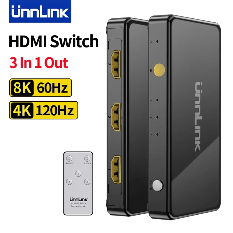 Unnlink HDMI Switch 3 In 1 Out 8K 60Hz 4K 120Hz HDMI Switcher 3x1 with Remoter for PS5/4 Xbox Laptop to TV Monitor Projector