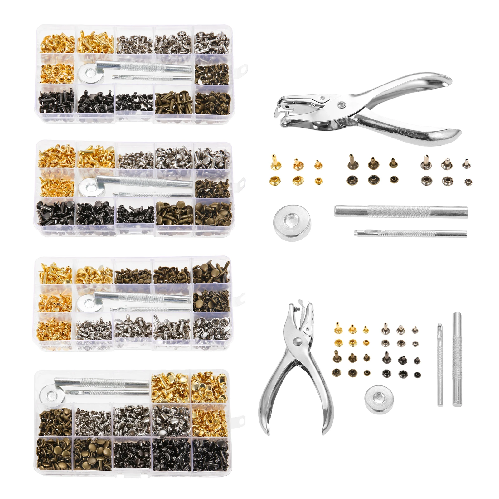 Leather Rivets Double Cap Rivet Tubular Metal Studs + Punch Pliers + 3