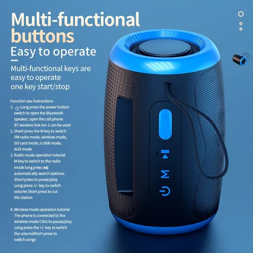 TSN-1 휴대용 무선 블루투스 스피커, 5.3 스테레오 FM, SD, USB 디스크, Aux 모드, 야외 하이파이 사운드 방수 5
