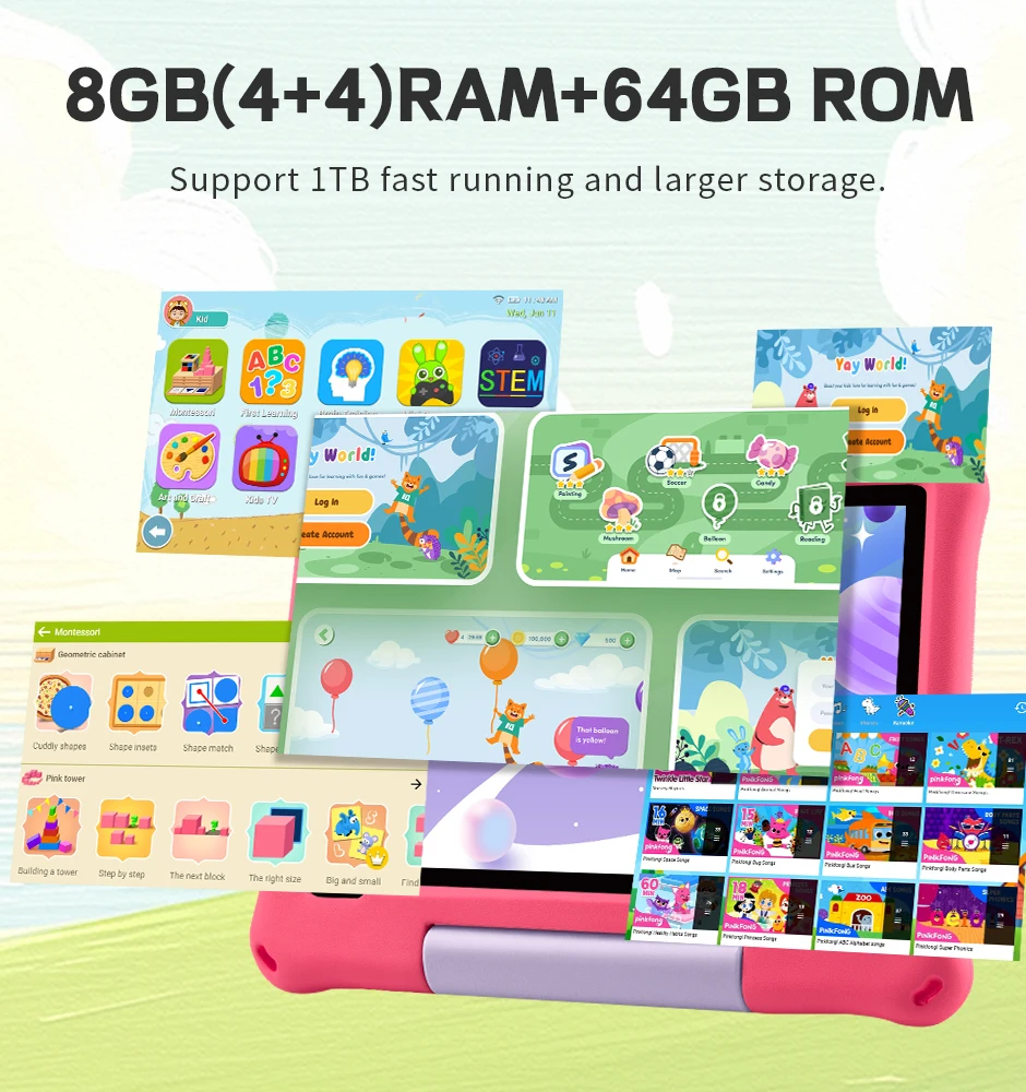 10.1인치 어린이용 태블릿 안드로이드 15 8GB 램 64GB 롬 1TB 확장 가능 WiFi6 5000mAh 눈 보호 기능 탑재 어린이용 태블릿 (충격 방지 커버 포함)