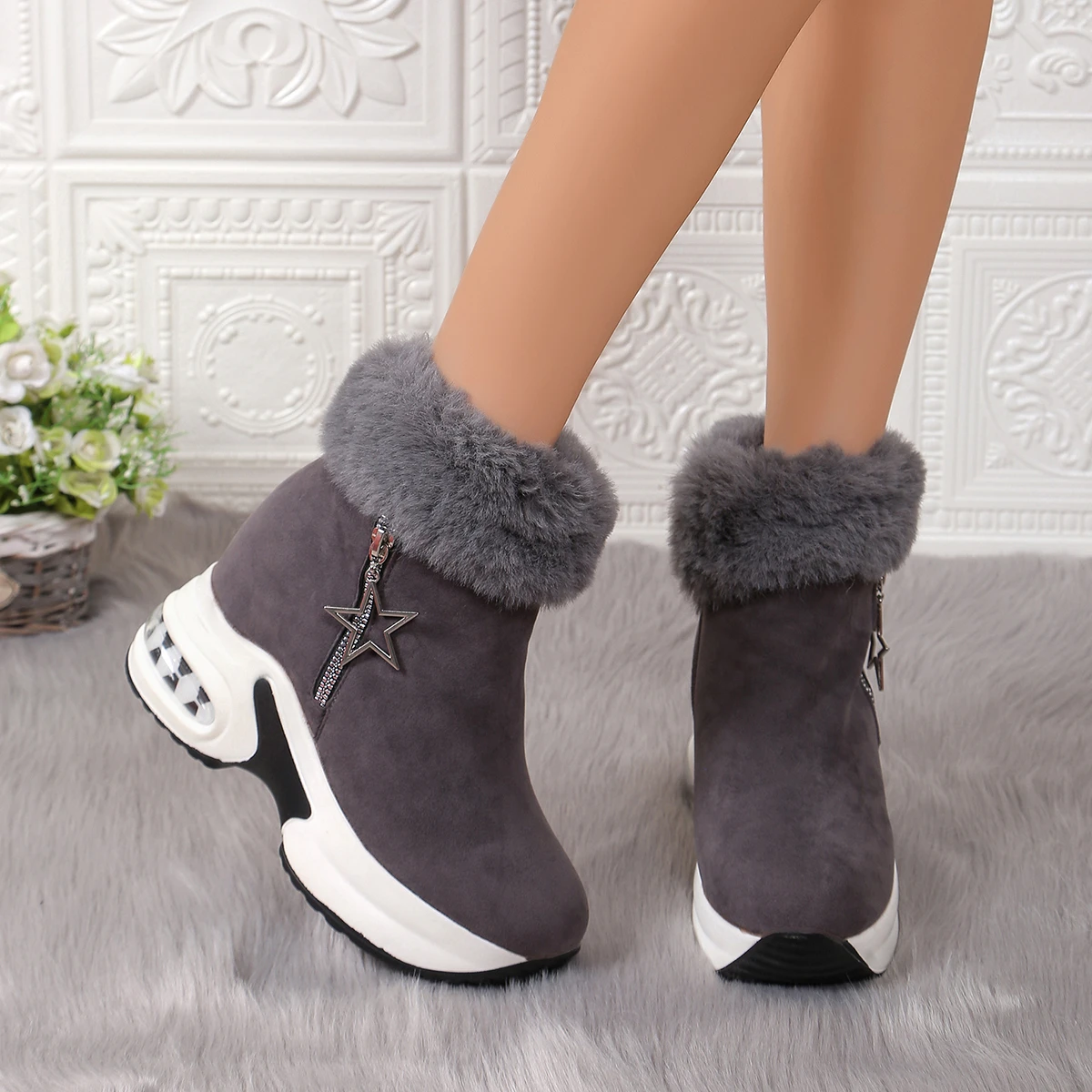Women Boots Winter 2024 New Casual High Heels Warm Boots Thickened Fluff Wedge Shoes Fashion Outdoor Platform Snow Boots Women - 4