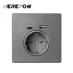 Dual USB Wall Charger Outlet - 16A EU Standard, 110V - 250V - PC - Typec - Grey