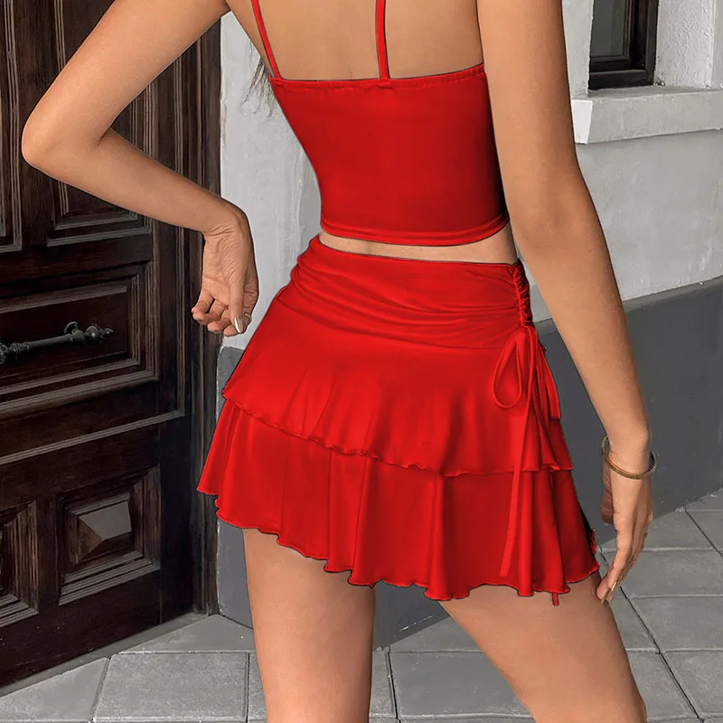 2026 New Women's Summer Mini Skirt Solid Color Versatile High Waist Slim Fit Short Skirts Lace-Up Ruffles A-Line Pleated Skirts