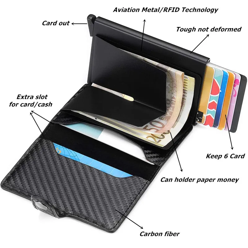 Carbon Fiber Credit Card Holder Wallet Men Rfid Smart Metal Thin Slim Pop Up Minimalist Wallet Small Black Purse Metal Case