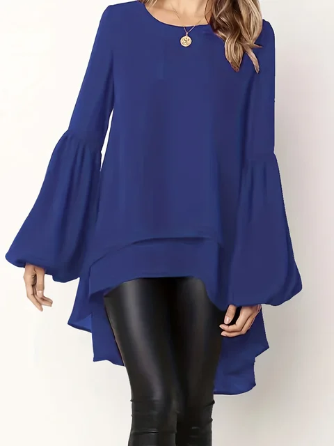 Plus size women's spring & summer solid color polyester non-elastic long back hem elegant lantern sleeve chiffon long sleeve top