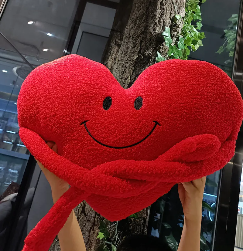 45x30cm Smiling Face Red Heart Plush Pillow Long Arms Hug Emotional Seat Cushion Back Support Plushie Creative Peluche Gift 6