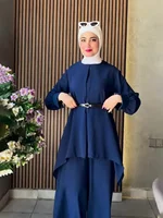 Ensemble Deux Pièces pour Femme Musulmane, Haut avec Ceinture, Pantalon à Jambes Larges, Trempé, Ramadan, Maroc, Dubaï, Islam, Décontracté, Tenue Arabe 5