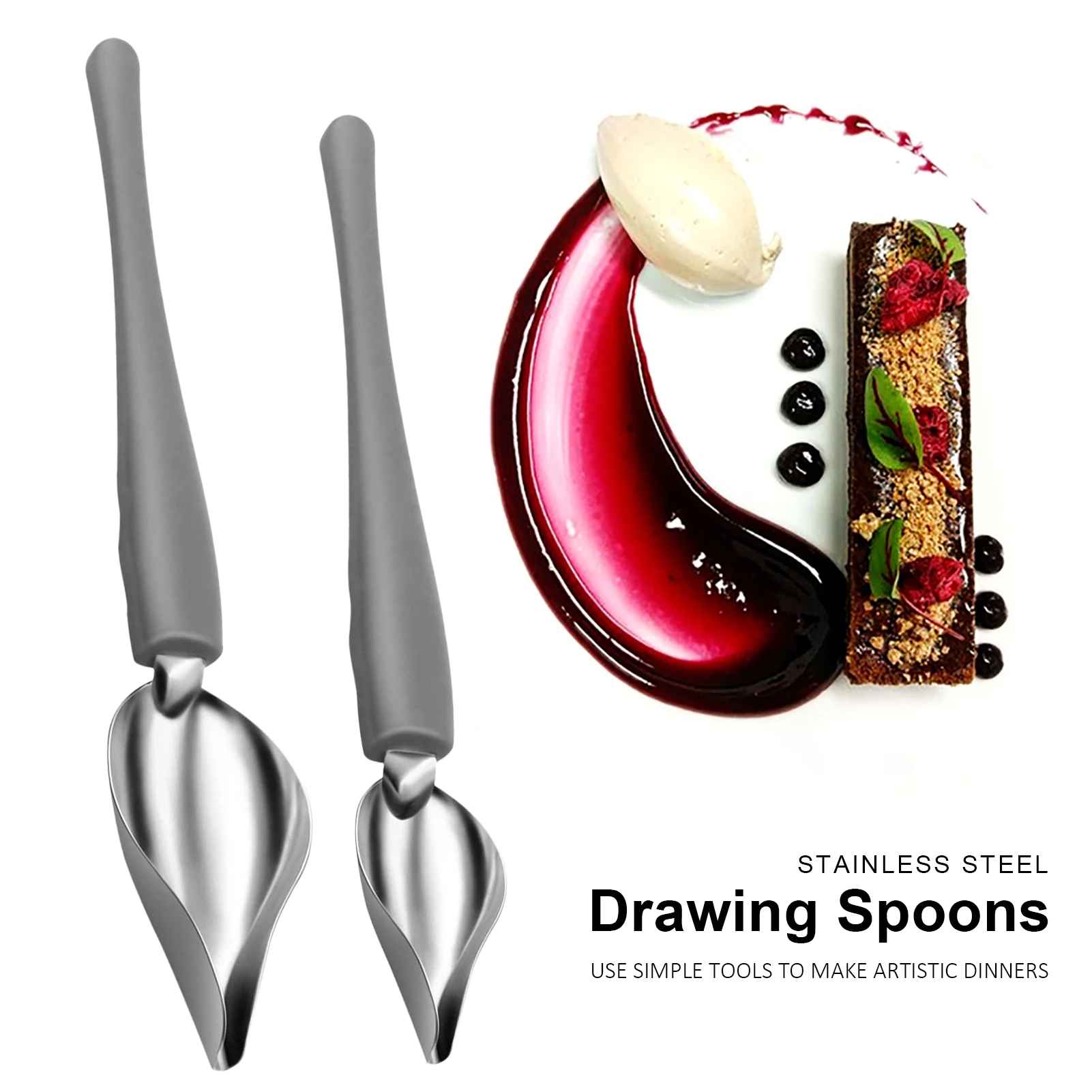 Chef Pencil Sauce Painting Spoon Stainless Steel Cuisine Restaurant Western Food Baking Dessert Decor Art Draw Spoons 2PC Set stainless steel spoon,stainless steel spoon set