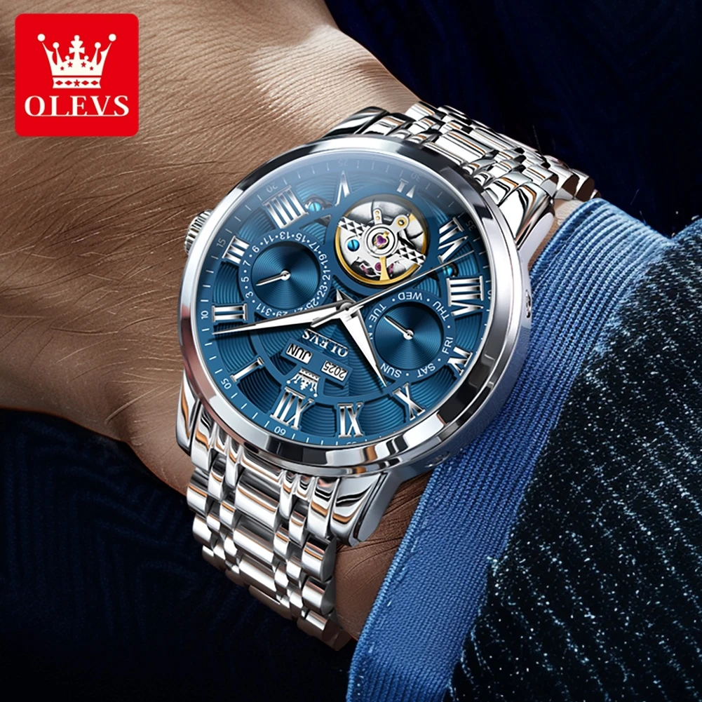 Mechanical Watch OLEVS 6668 Original Men&rsquo;s Multifunctional Skeleton Waterproof Stainless Steel Strap Business Automatic Mechanical Watch